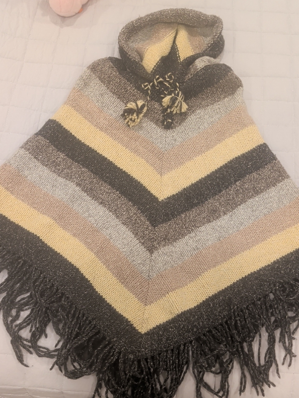 Striped Hooded Fringe Poncho in Yellow, Gray and Taupe